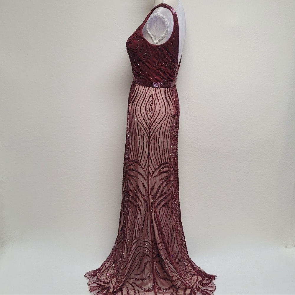 Zasa Karishma Creation Burgundy Sequin Beaded Backless Maxi Mermaid Dress 6 - Picture 5 of 11